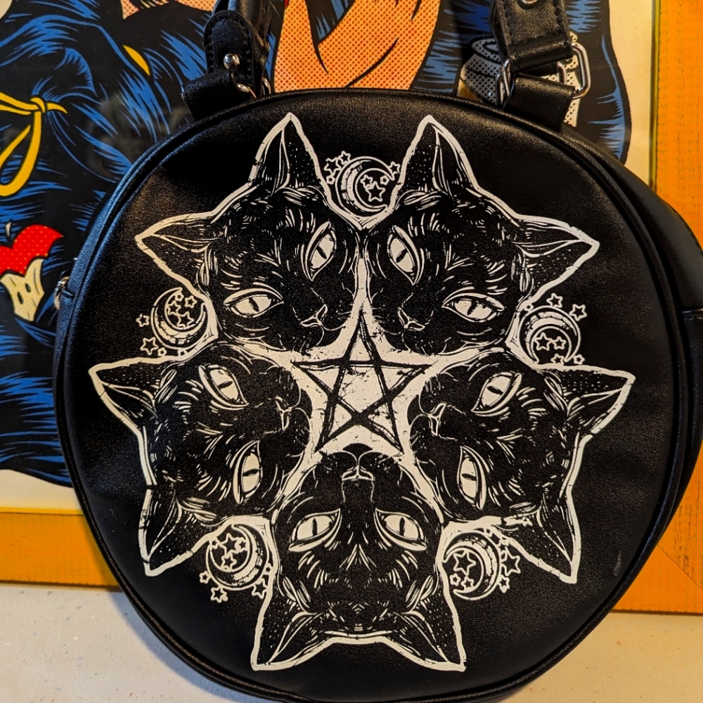 Gothic Punk Vegan Witchy Black Purse Crossbody/Handbag Cats Moon Cycle